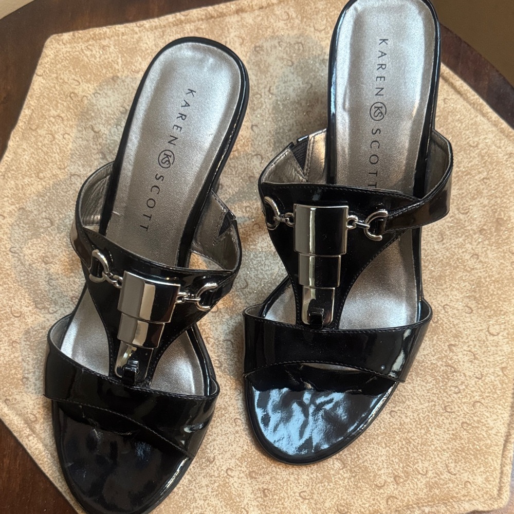 Karen Scott Black Patent Mid-Heel Slide Sandals with Silver Hardware